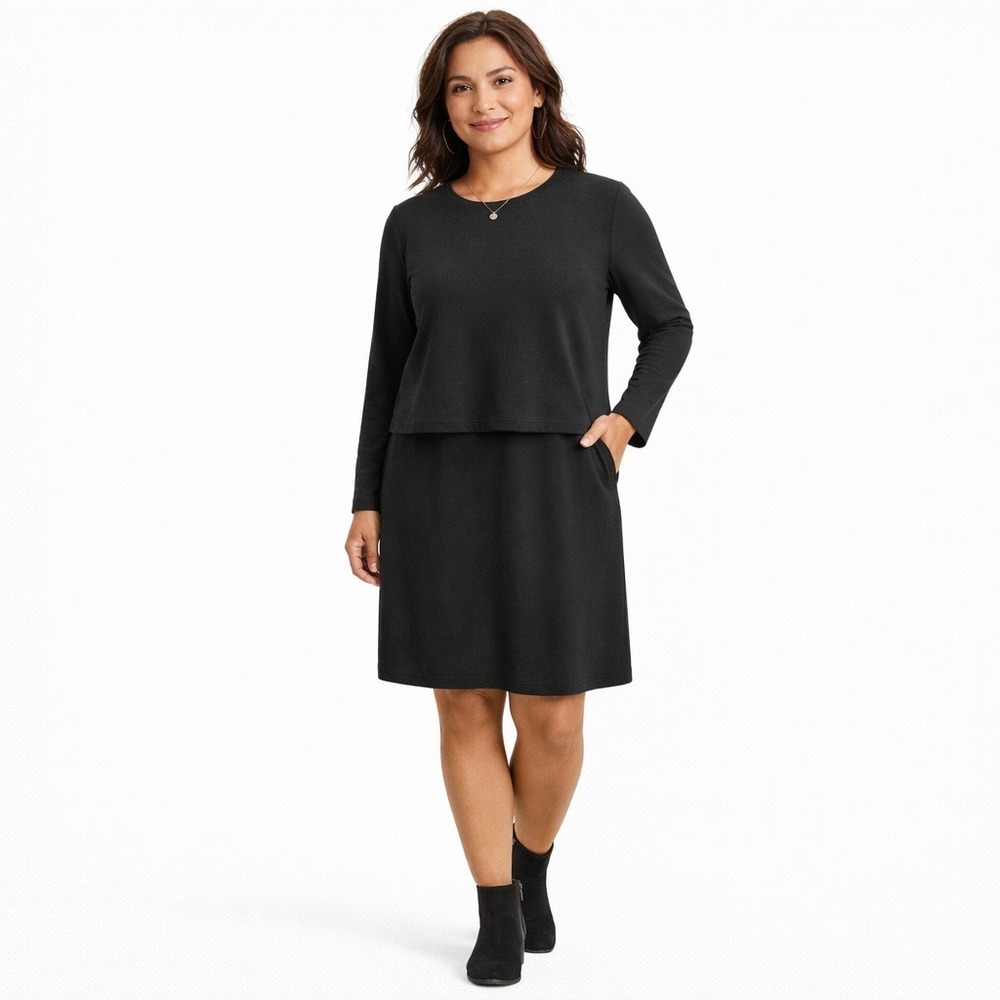 Pure Jill Luxe‎ Tencel Black Layered Popover Dress Long Sleeve Petite Small PS